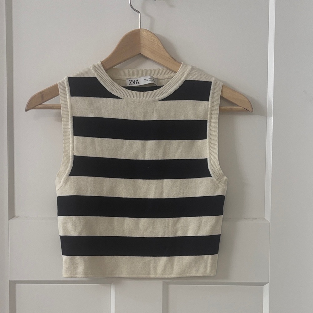 Zara Black and Cream Striped Crop Top